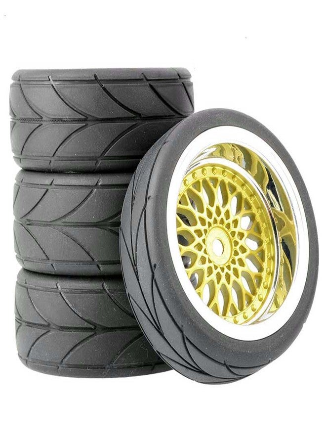 LAFEINA 4PCS/Set 64mm Rubber Tires & Plating Plastic Wheels Rims Replacement Part for 1/10 RC On-Road Touring Car Racing Car (Gold, Offset 6mm) - Image 1